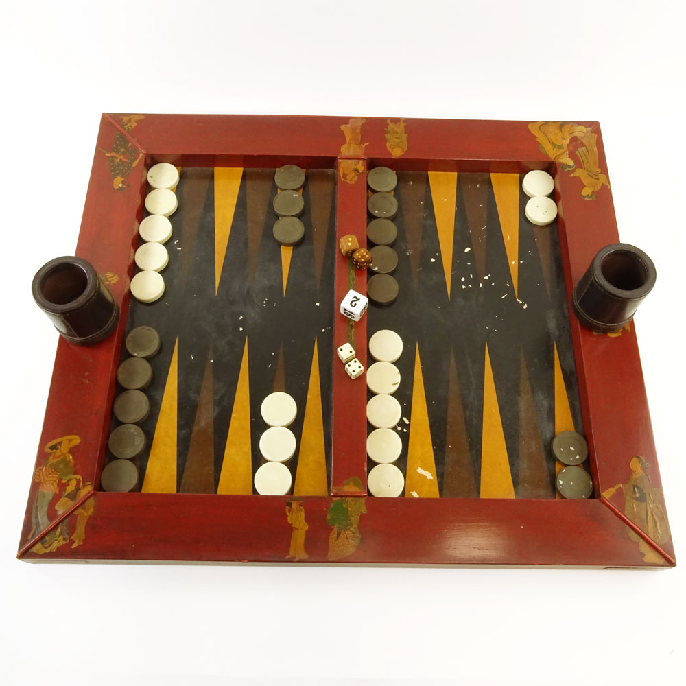 Mid 20th Chinese Motif Wood Backgammon