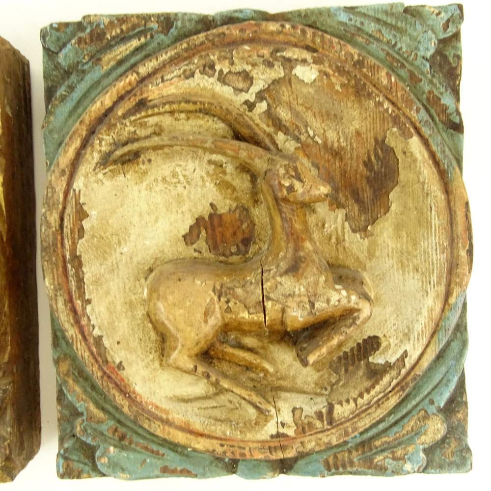 Two (2) Early 20th C Addison Mizner Carved Painted Wall Plaques/Medallions with Animals.
