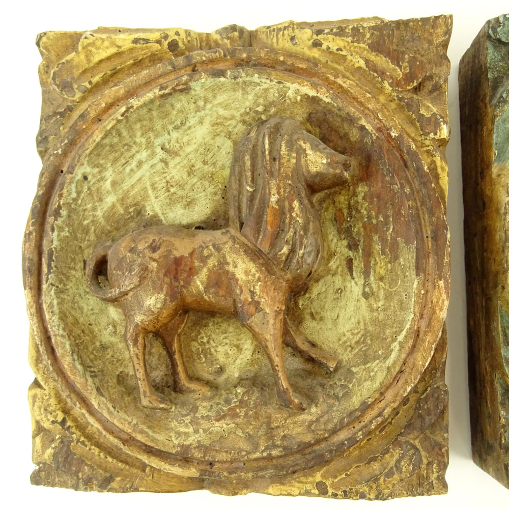Two (2) Early 20th C Addison Mizner Carved Painted Wall Plaques/Medallions with Animals.