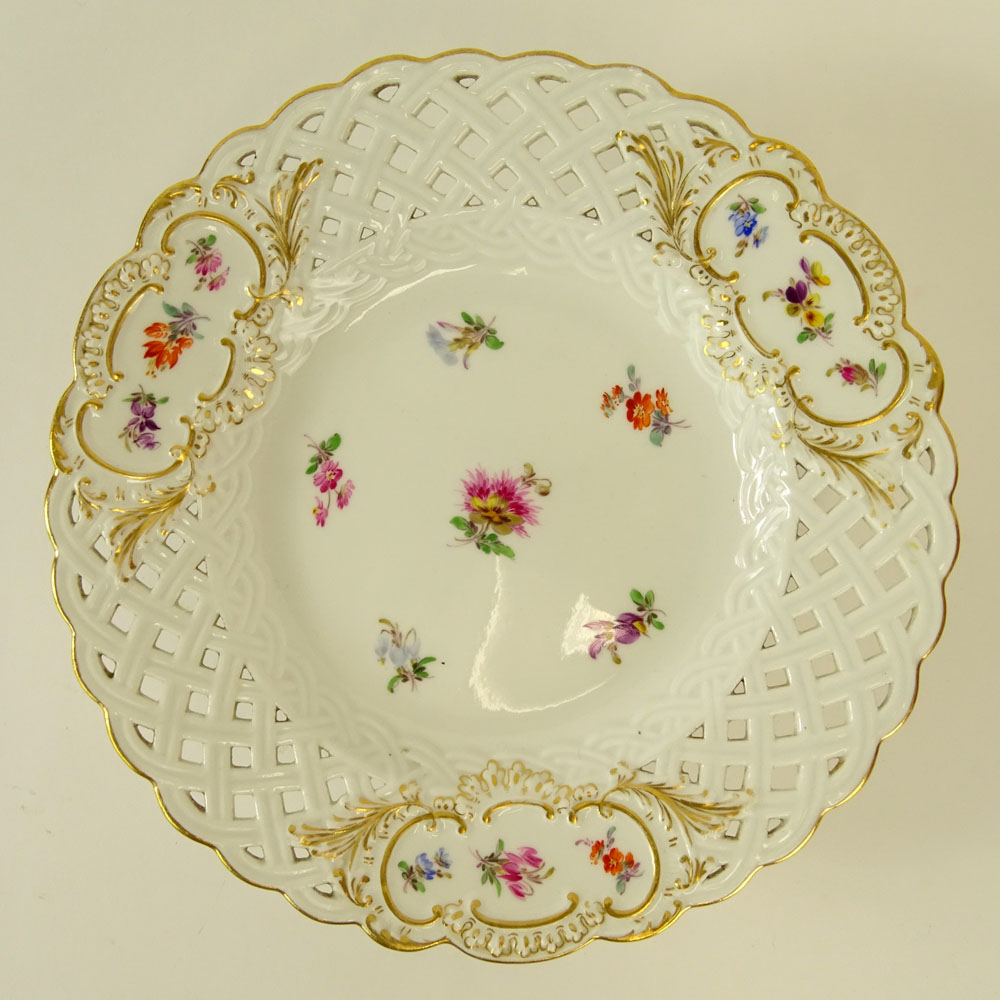 Meissen Hand Painted Reticulated Porcelain Compote.