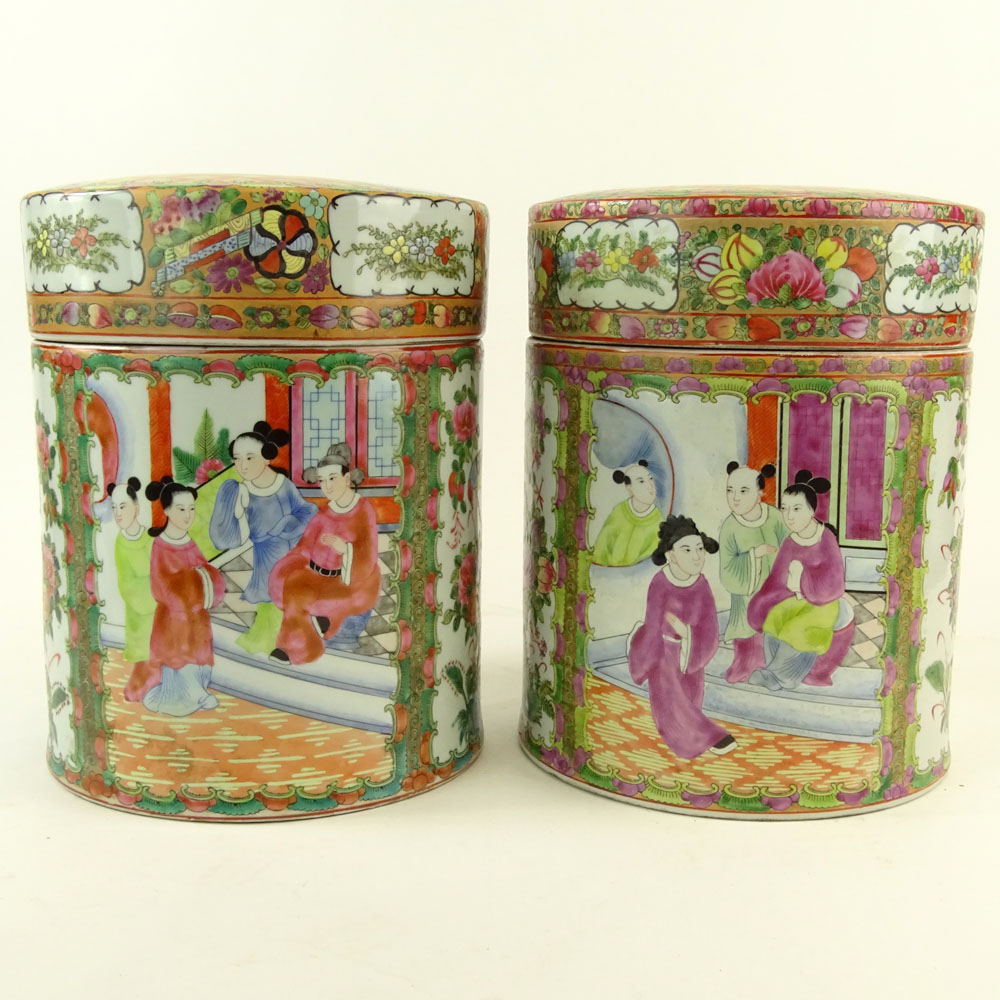 Pair 20th Century Chinese Porcelain Rose Medallion Covered Jars.