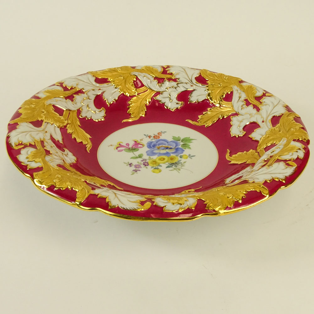 Large Meissen Hand Painted and Parcel Gilt Bowl With Red Border. Floral motif.