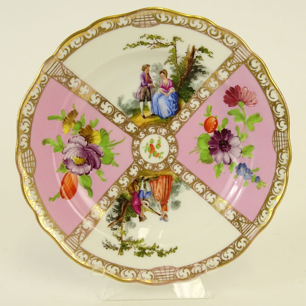 Meissen Hand Painted Porcelain Plate. Decorated with floral and romantic courting scenes.