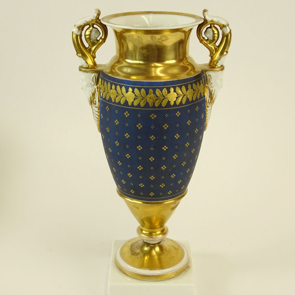 Antique Old Paris Hand Painted and Parcel Gilt Figural Handled Bolted Urn.