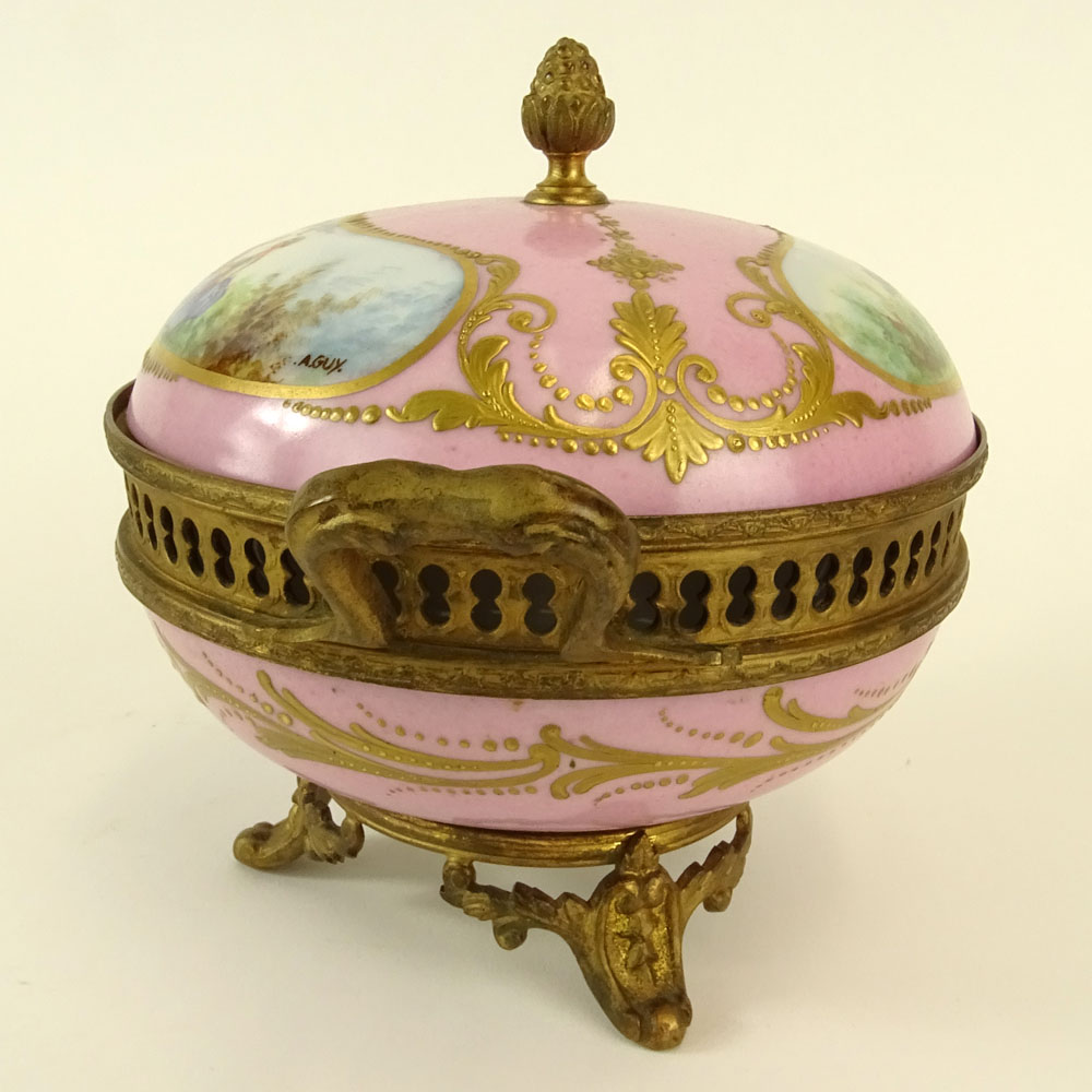 Sevres Bronze Mounted Hand Painted Covered Porcelain Box.