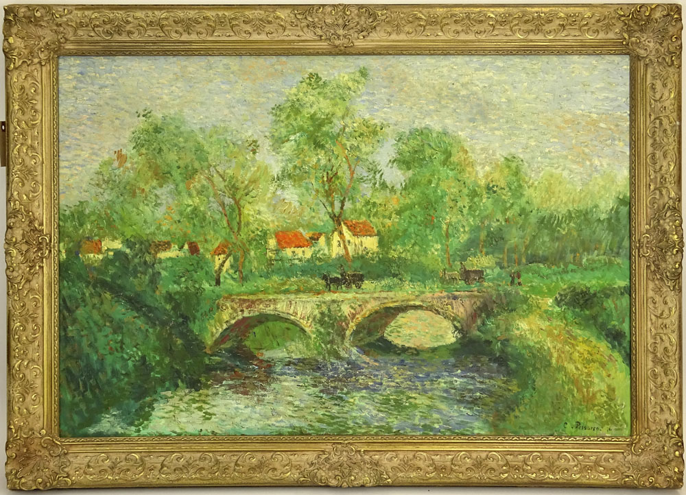 after: Camille Pissarro, French (1830-1903) oil on canvas, "Stone Bridge". 
