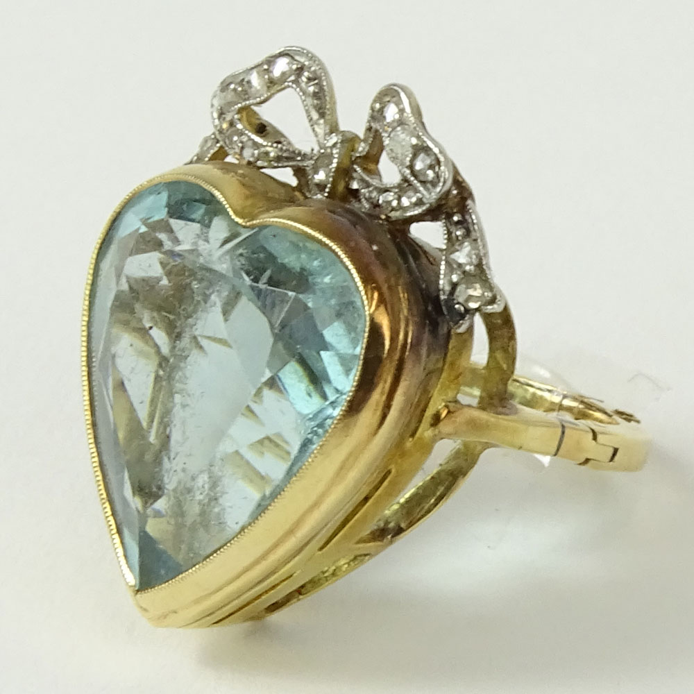 Victorian Heart Shape Aquamarine, Rose Cut Diamond and 14 Karat Yellow Gold Ring.
