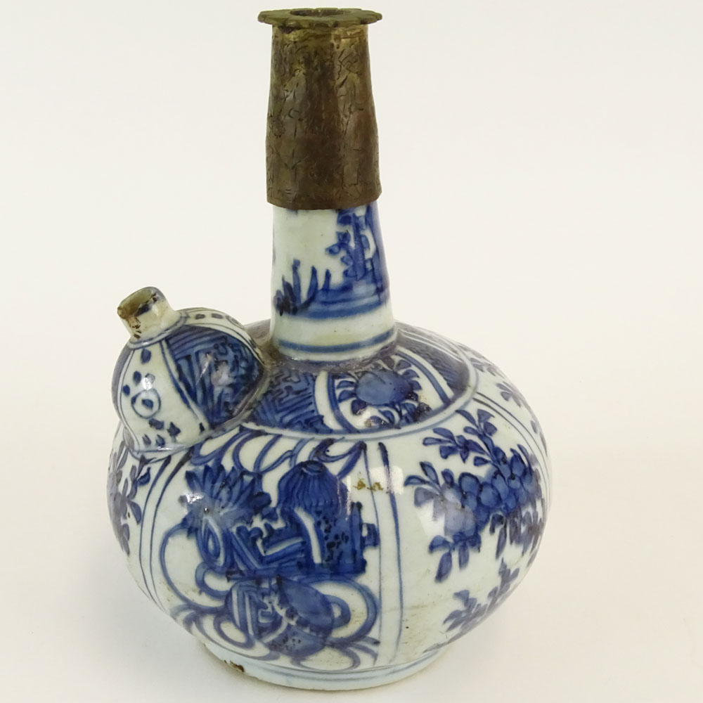 Chinese Ming Dynasty Blue and White Porcelain and Brass Opium Pipe Kendi.