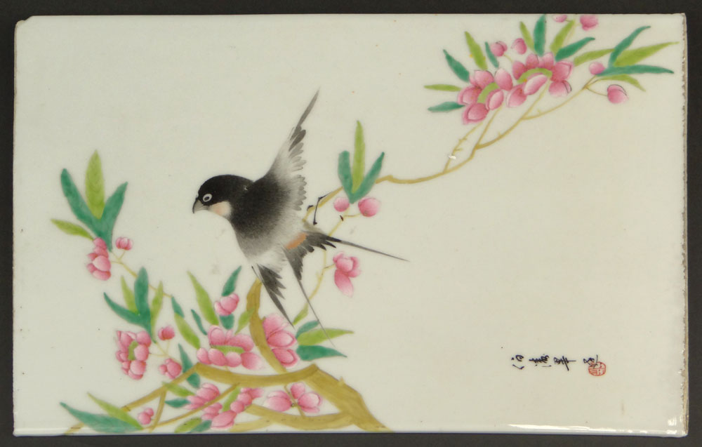 Chinese Porcelain Plaque with Bird and Blossoming Branch Decoration and Calligraphy.