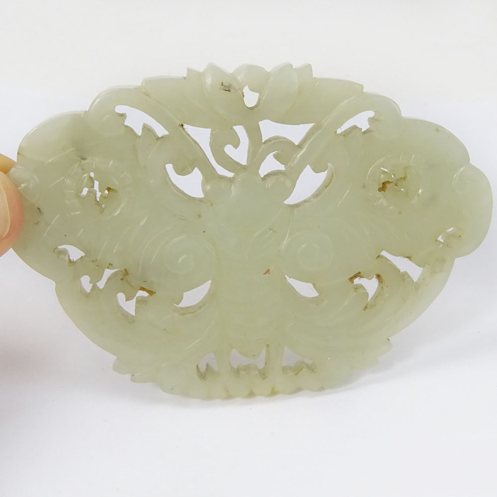 Antique Chinese Carved Reticulated White Jade Pendant with Butterfly.