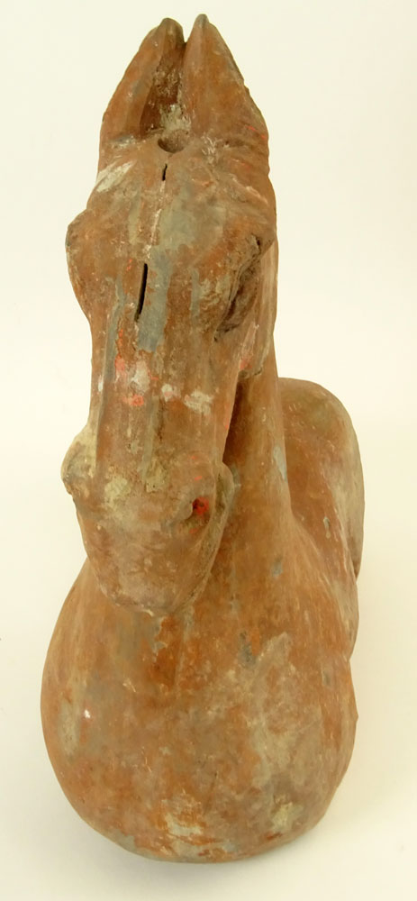 Chinese Han Dynasty Terra Cotta Figure of a Horse with Traces of Pigment.