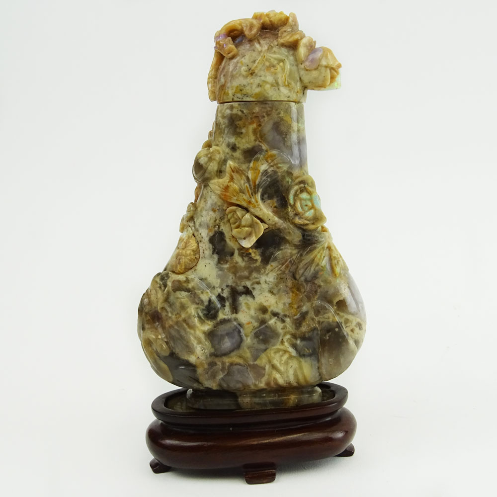 Antique Chinese Carved Iridescent Opal Magnum Snuff Bottle/Jar With Lid. Hardwood base.
