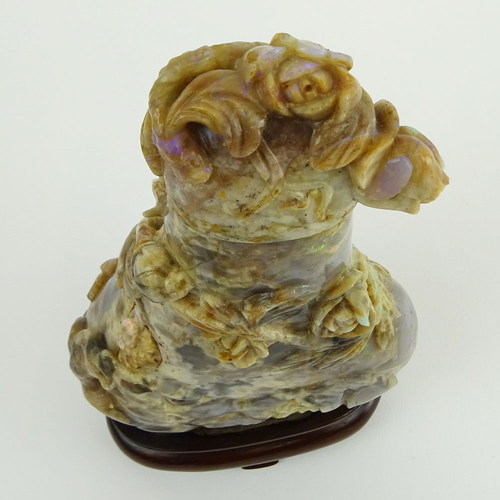 Antique Chinese Carved Iridescent Opal Magnum Snuff Bottle/Jar With Lid. Hardwood base.