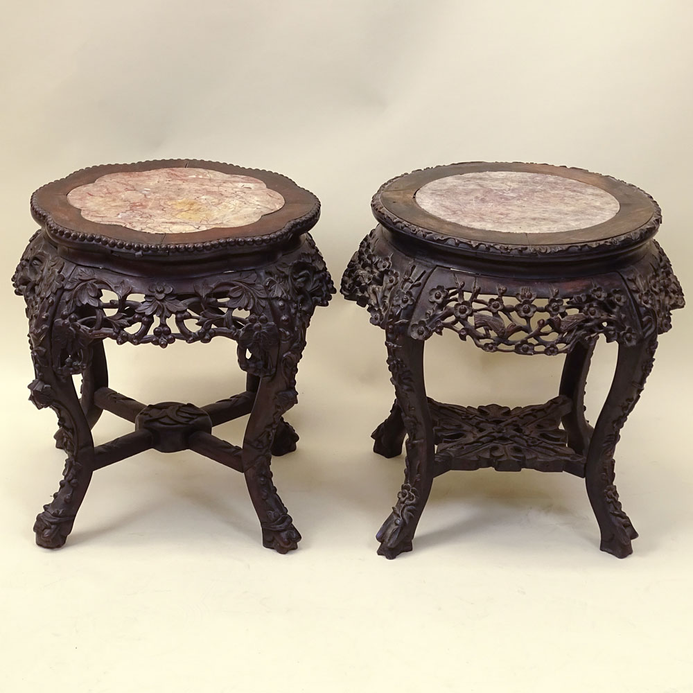 Antique Chinese Carved Hardwood Marble Top Pedestal Tables.