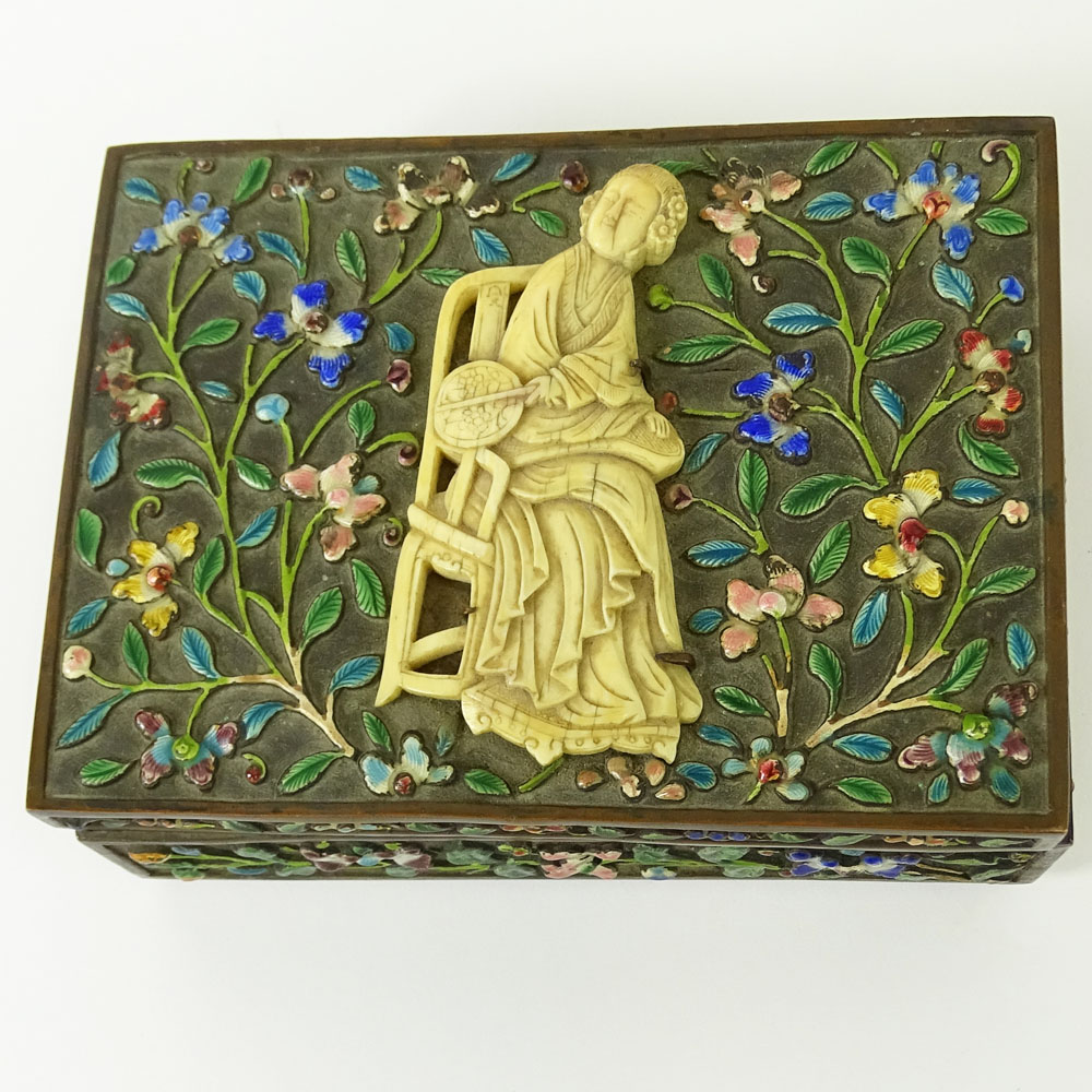 Antique Chinese Enameled Box with Applied Carved Ivory Figure.