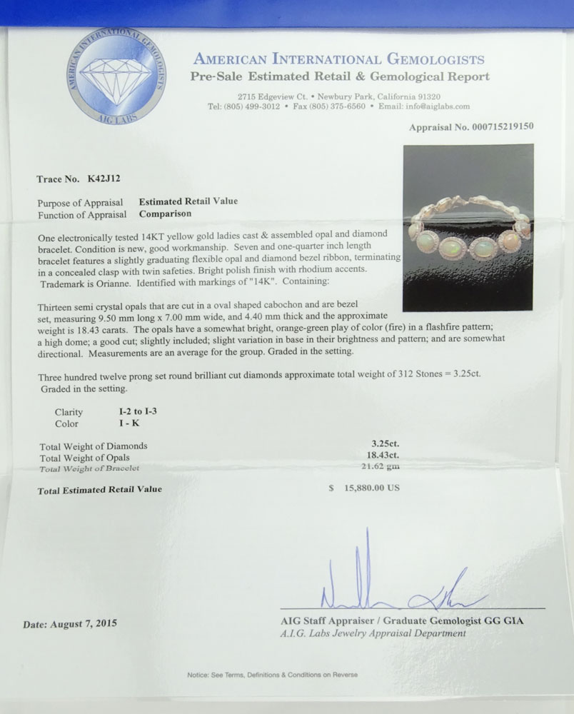 AIG Certified 18.43 Carat Cabochon Opal, 3.25 carat Round Cut Diamond and 14 Karat Yellow Gold Bracelet. 