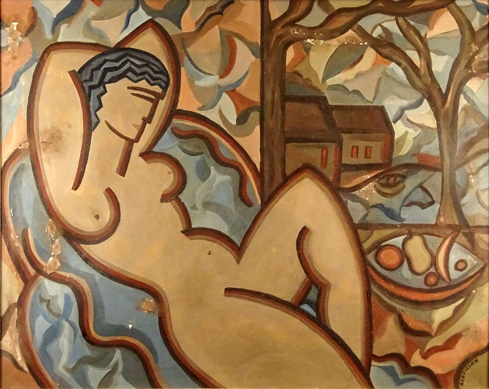 Suzanne Bertillon, French (20th C) Oil on canvas "Reclining Nude". 