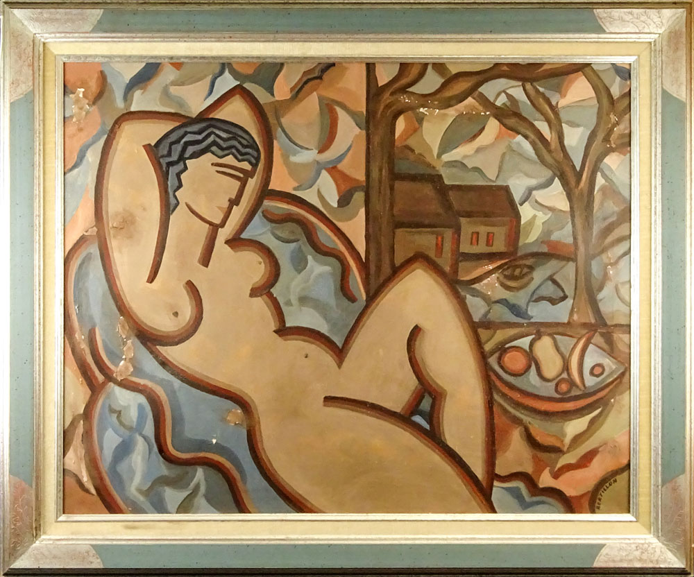 Suzanne Bertillon, French (20th C) Oil on canvas "Reclining Nude". 