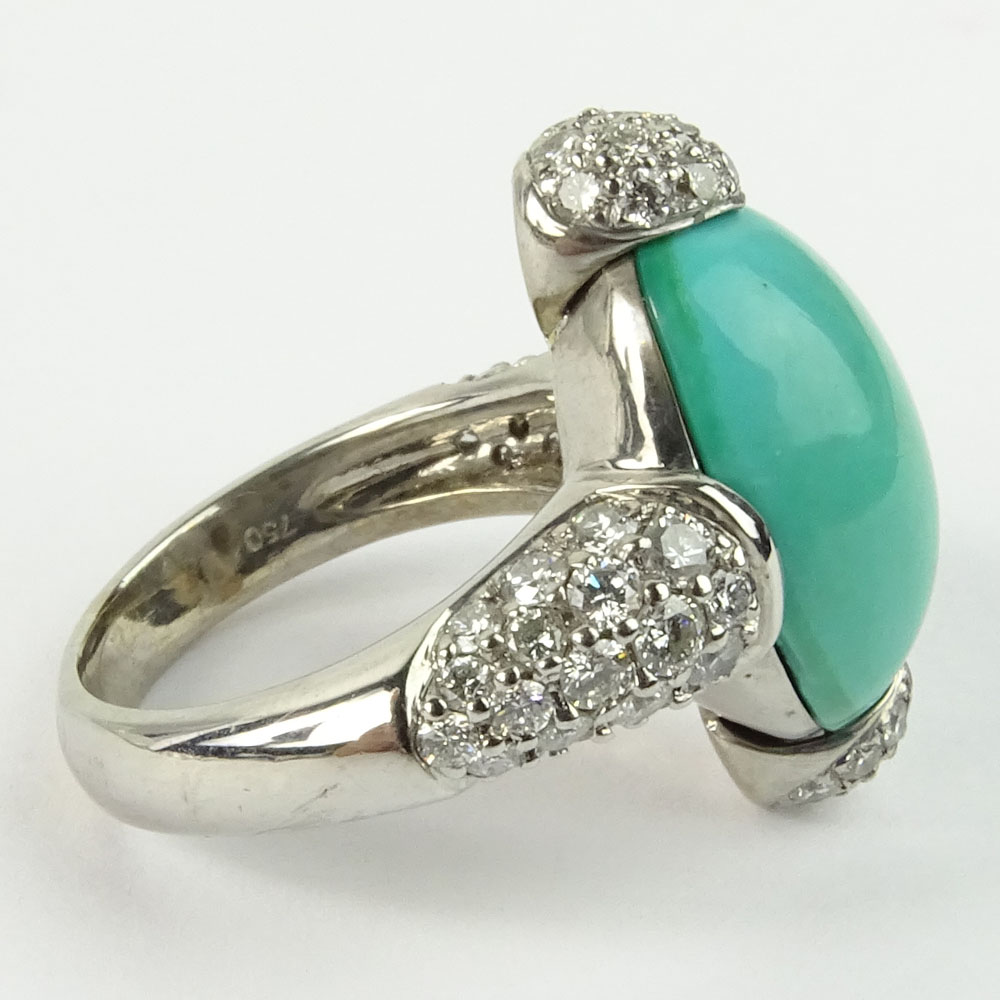 Lady's Fine Quality Round Cut Diamond, Turquoise and 18 Karat White Gold Ring. 