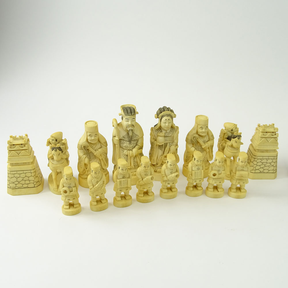 Vintage Japanese Carved Ivory Chess Set. 32 Pieces, no board.