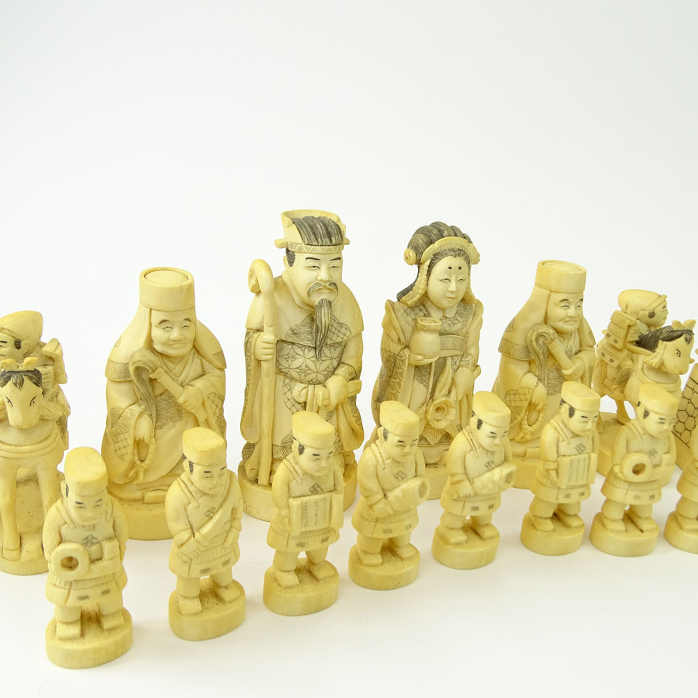 Vintage Japanese Carved Ivory Chess Set. 32 Pieces, no board.