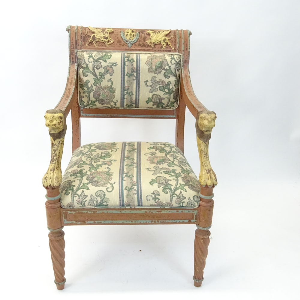 Regency Style Figural Upholstered Arm Chair. Distressed motif.