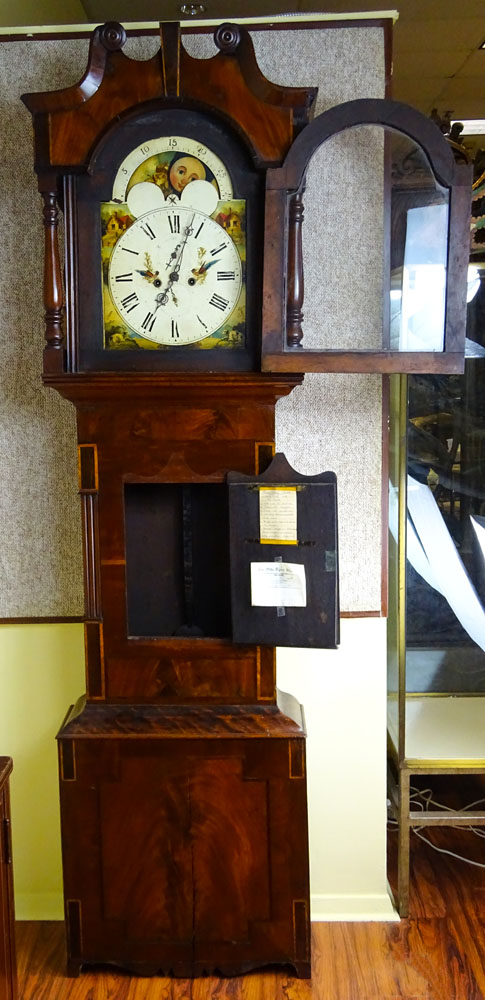 Circa 1820 Scottish Mahogany Tall Case Clock With Painted Moon Phase Dial.