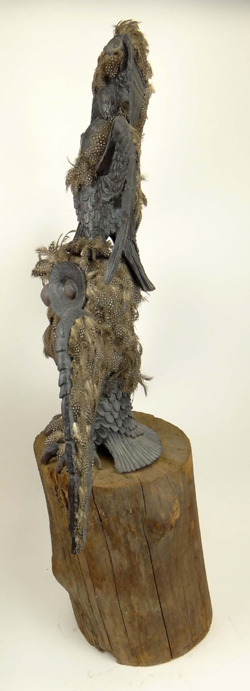 Paul "Hawley" Bellardo, American (20th Century) Circa 1973 Ceramic Three (3) Owl Totem Sculpture Accented with Bird Feathers, Mounted on Log Base.