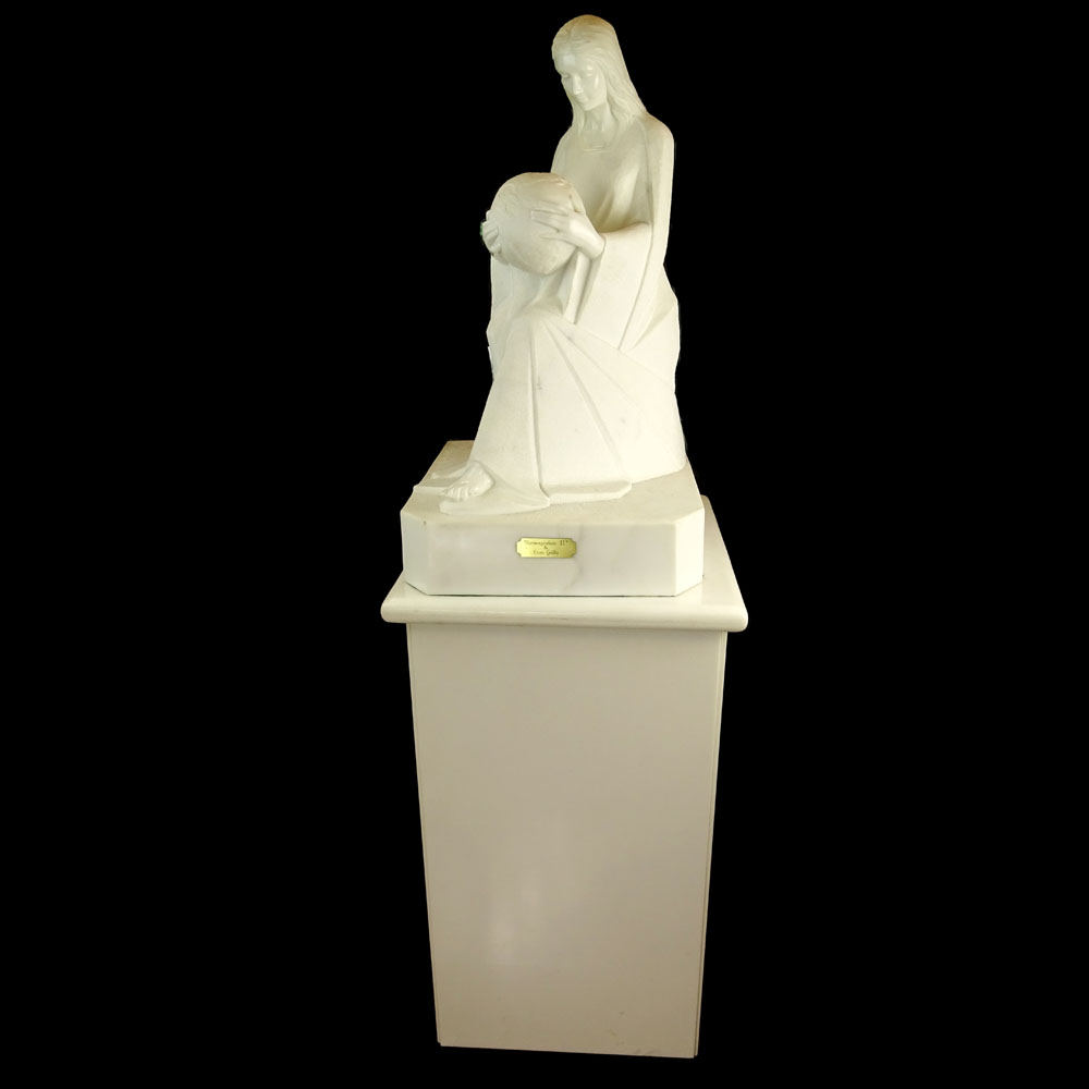Enzo Gallo Carved Marble Sculpture on Marble base and Pedestal "Contemplation II".