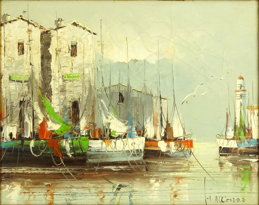 Henri Auchere, French  (1908-2000) Oil on canvas "Dockside Boats" Signed lower right H. Auchere. 