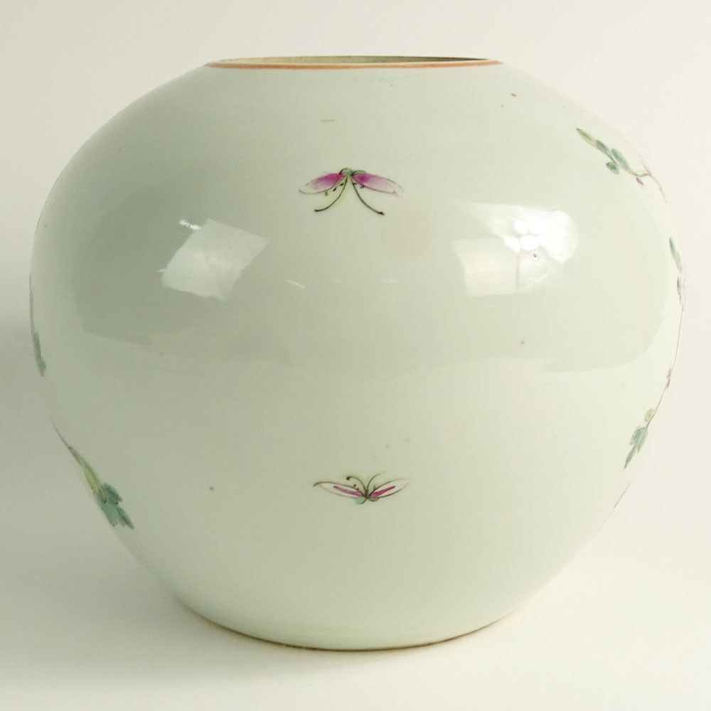 Vintage Mid Century Chinese Export Porcelain Hand Painted Rose Famille Round Jar.