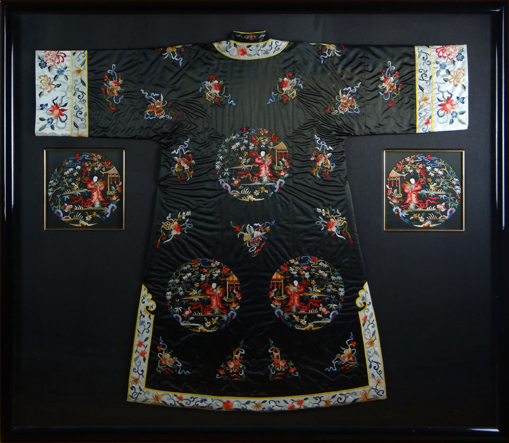19/20th Century Chinese Embroidered Black Silk Robe Mounted and Framed.
