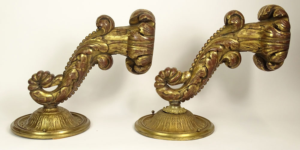 Large Pair of Vintage Carved Gilt Wood and Brass Wall Candle Sconces.