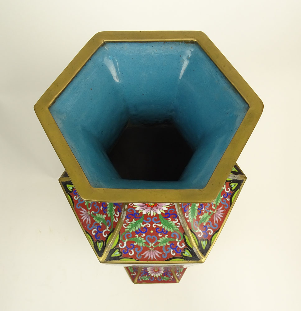 Mid-Century Chinese Hexagonal Shaped Cloisonne Urn. Well done motif of Flowers and Birds.