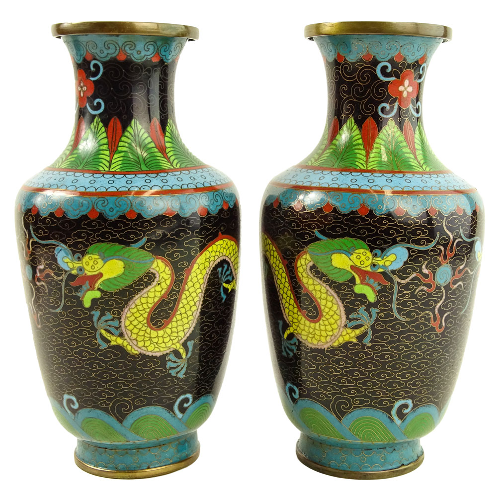 Pair Mid 20th Century Chinese Cloisonne Vases.