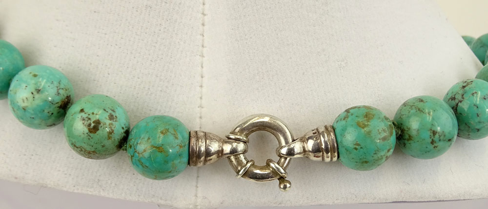 Vintage Chinese Turquois Beaded Necklace With Sterling Clasp.