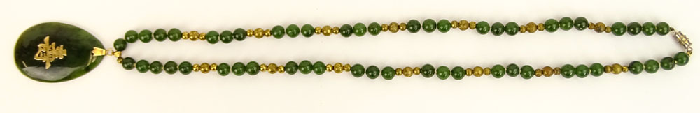 Vintage Spinach Jade and 14K Gold Beaded and Pendant Necklace.