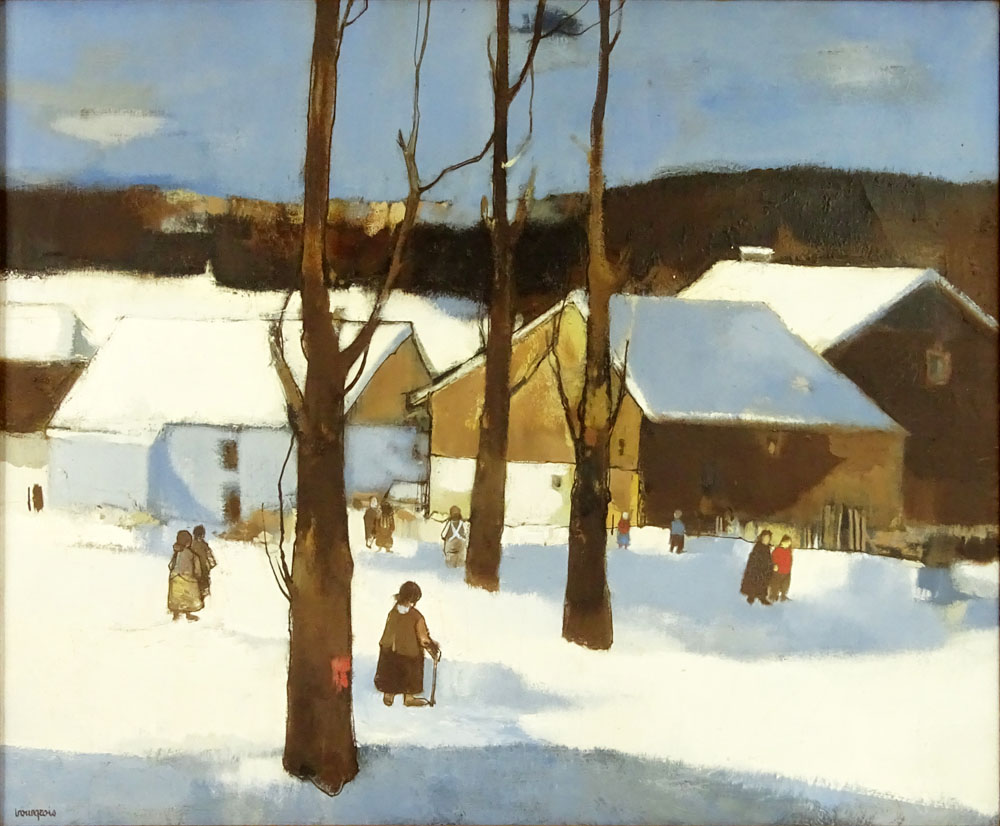 Jean-Claude Bourgeois (20th C) Oil on canvas "Winter Village" 