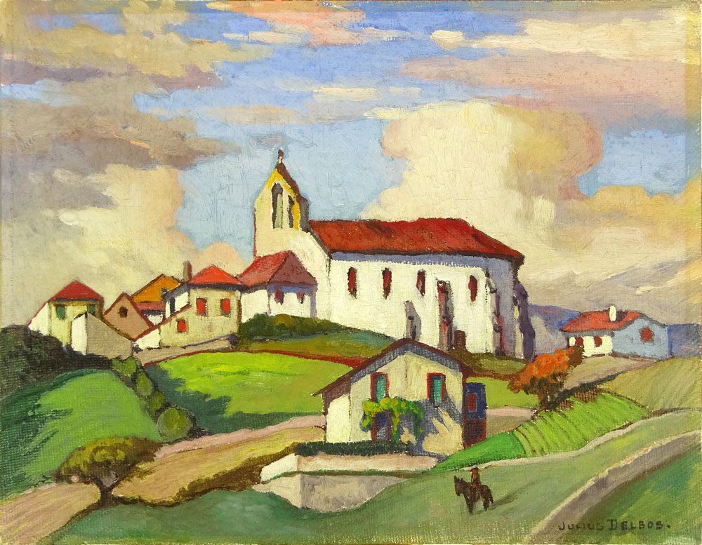 Julius M. Delbos, American (1879-1970) Oil on artists board "Mission Church" 