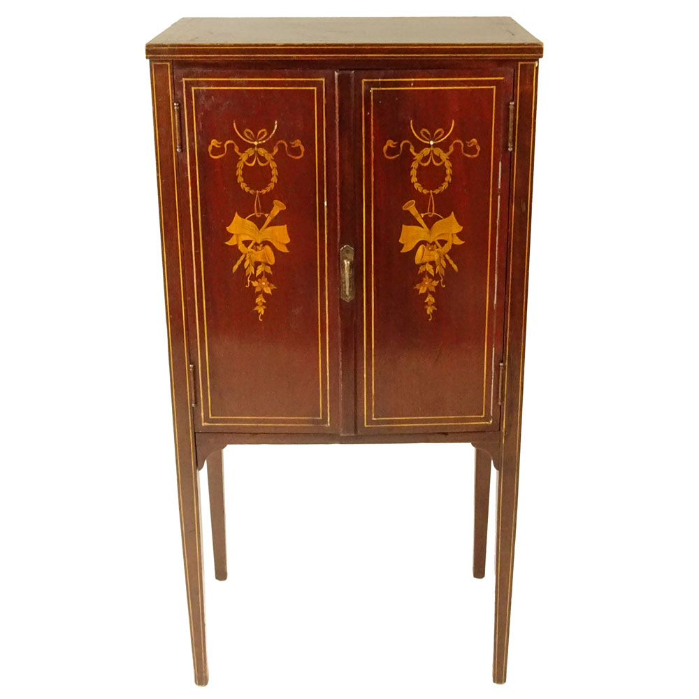 Circa 1910 Edwardian Inlaid Mahogany Two Door Sheet Music Cabinet With Fitted Interior.