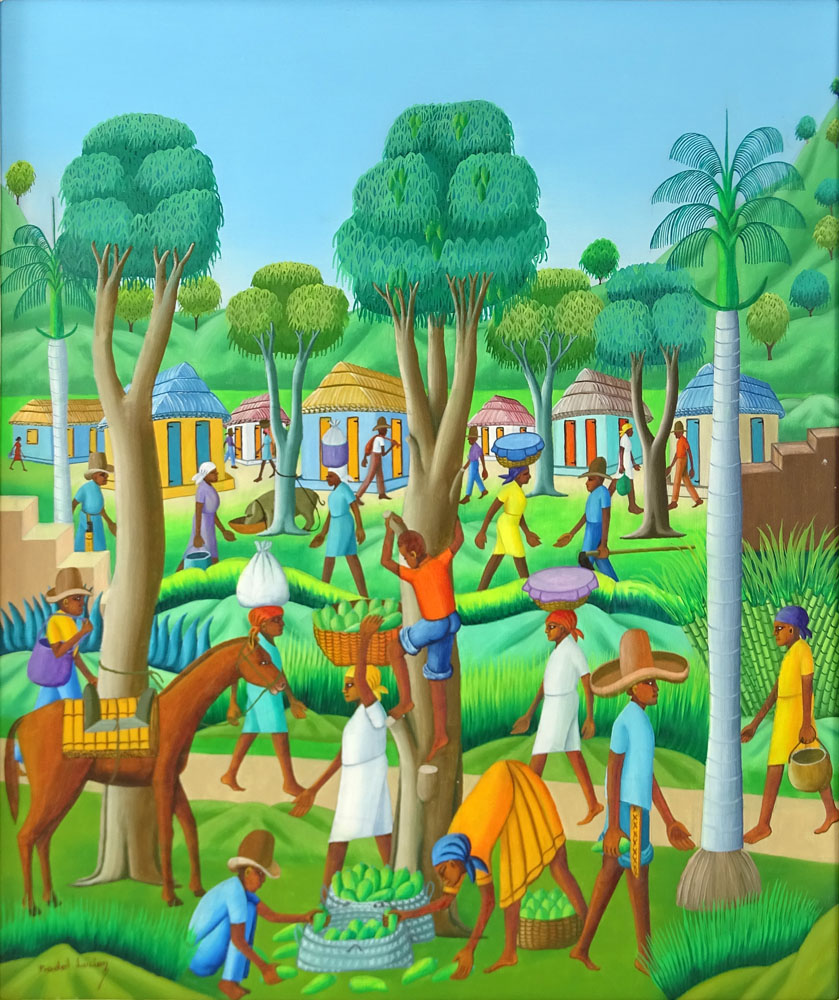 Lucien Pradel, Haitian (b.1923) Oil on masonite "Village Scene"