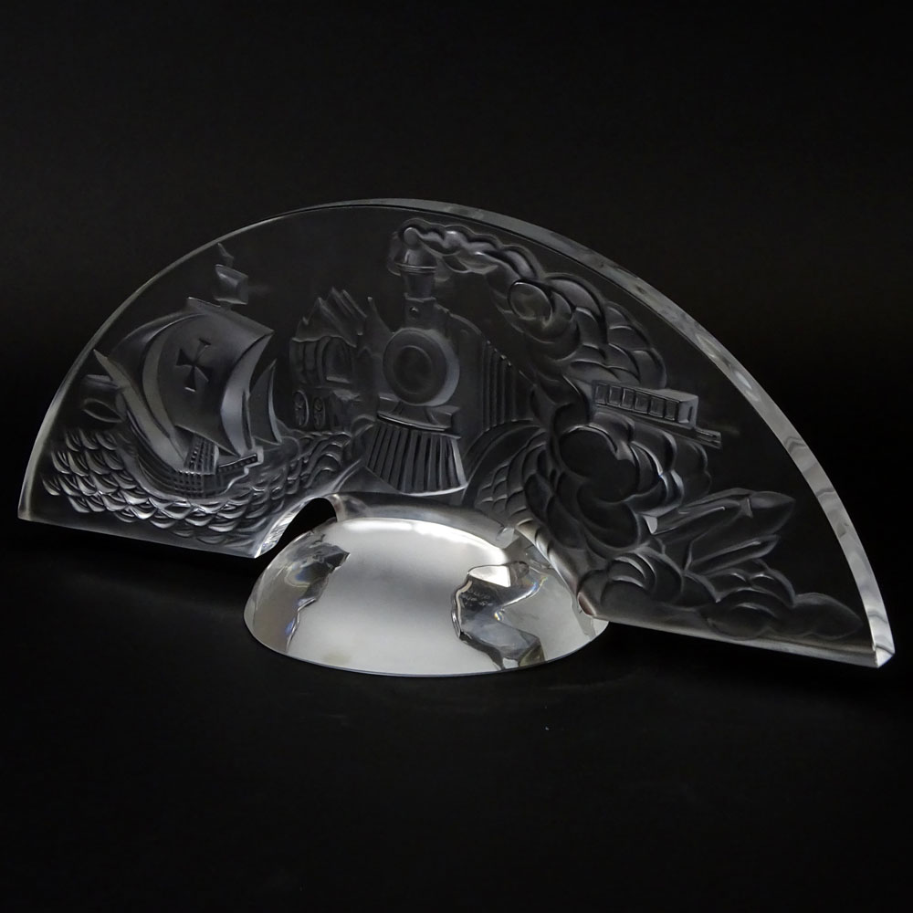 Lalique Commemorative Glass Table Top Plaque on Stand "500th Anniversary of the Discovery of American by Christopher Columbus.