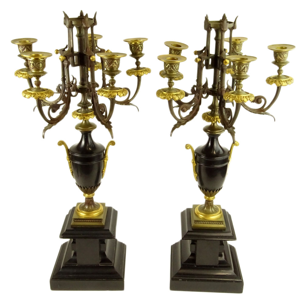 Pair antique bronze mounted slate based five (5) light candelabra.