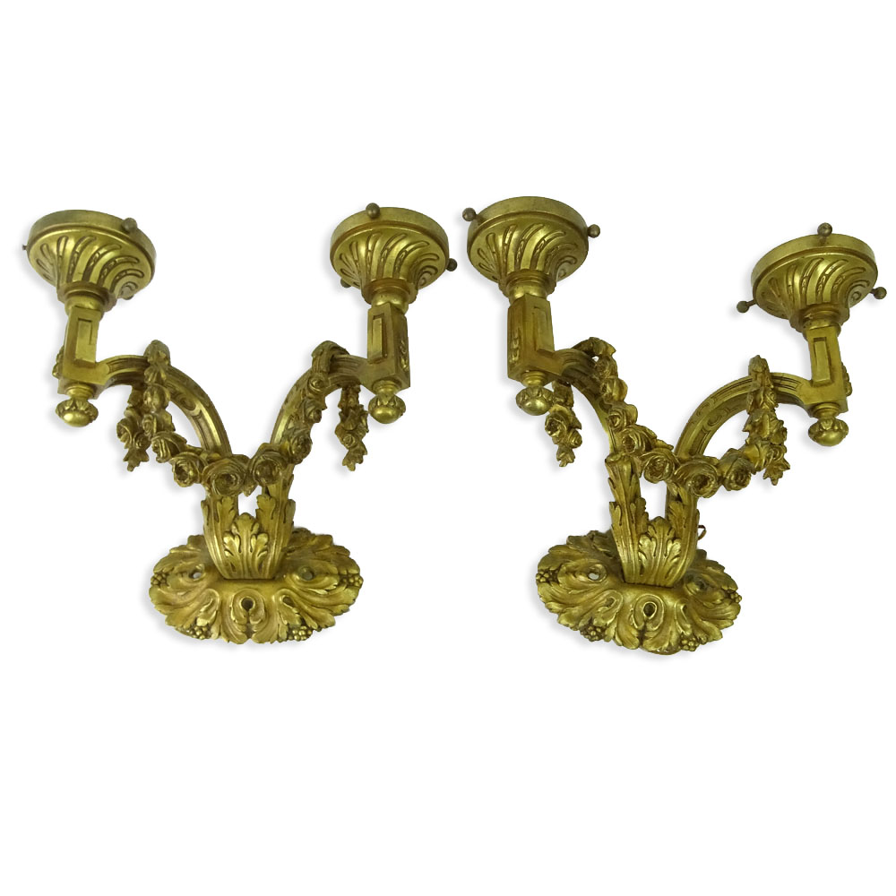 Pair Antique Heavy Dore Bronze Sconces with Two Light Torch Arms and Rose