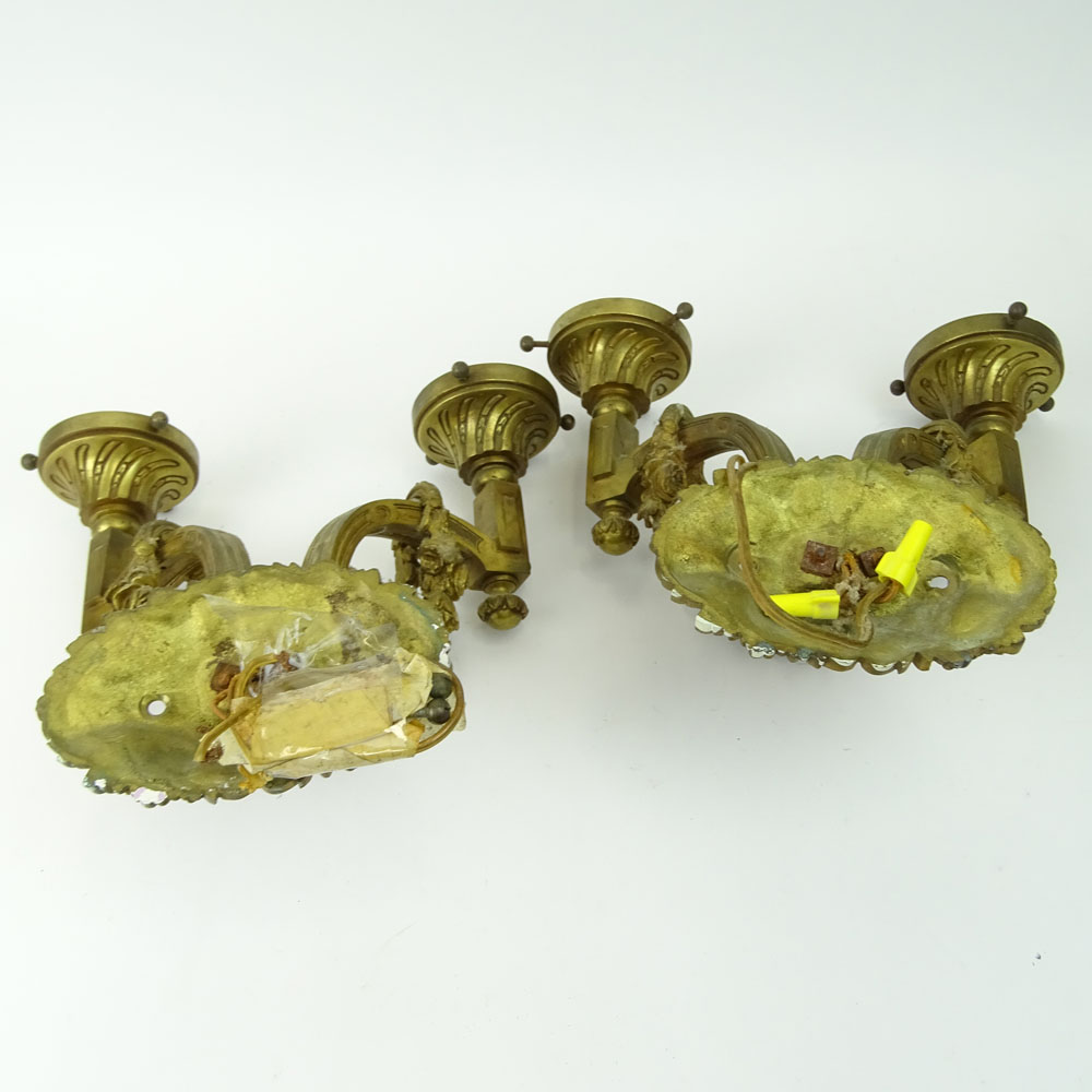 Pair Antique Heavy Dore Bronze Sconces with Two Light Torch Arms and Rose