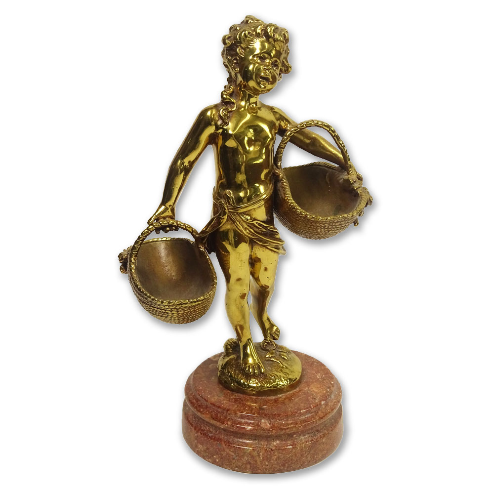 20th Century Bronze Sculpture on Marble Base "Boy with Baskets". 