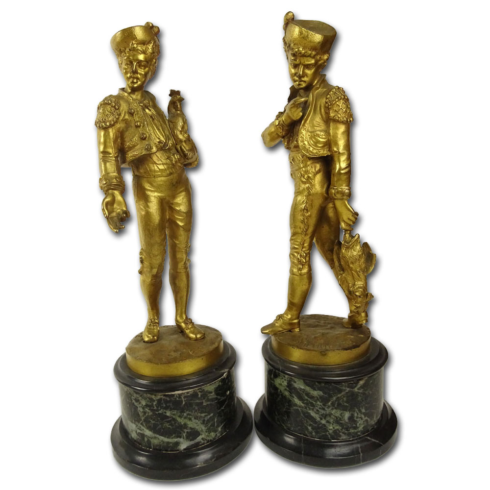 Lalouette, French Two (2) 19/20th Century Gilt Bronze Sculptures on Marble Plinths "Youth in Cap Carrying a Rooster" 