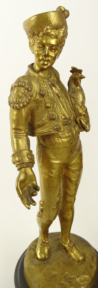 Lalouette, French Two (2) 19/20th Century Gilt Bronze Sculptures on Marble Plinths "Youth in Cap Carrying a Rooster" 