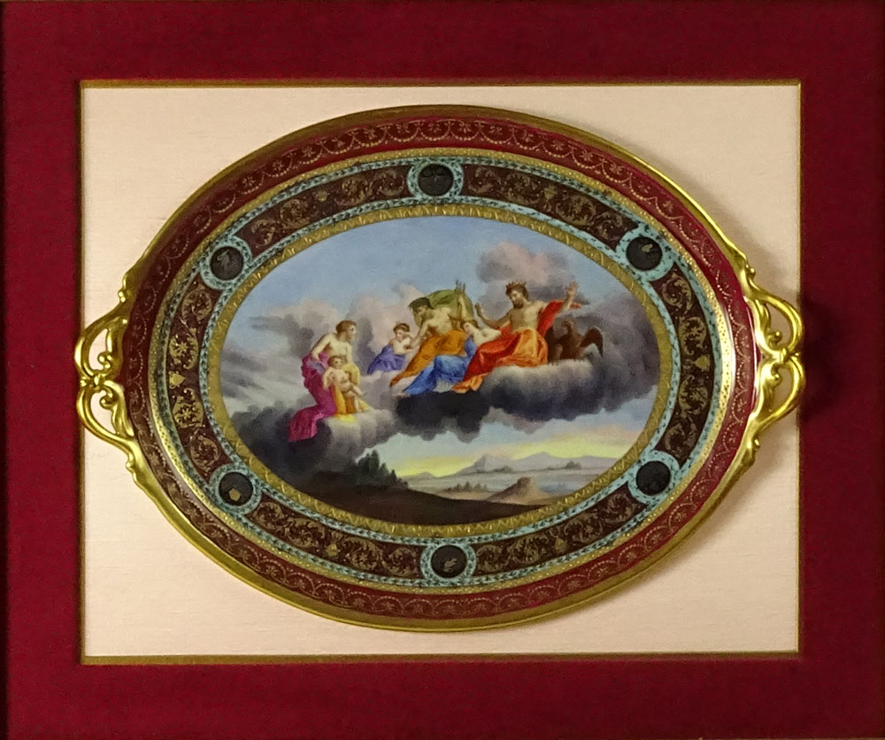 Circa 1860 Royal Vienna Painted Gilt Porcelain Platter with Double Loop Handles "Presenting to the Gods". 