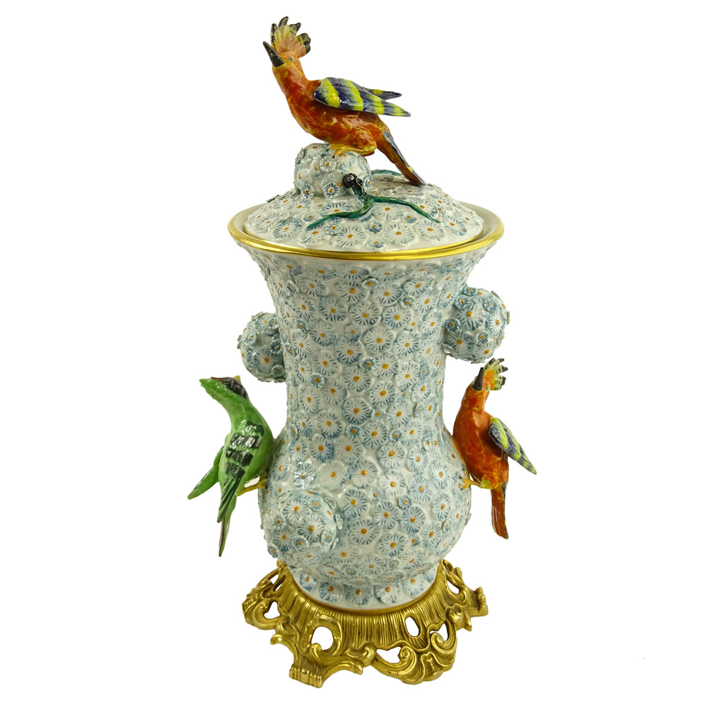Modern Bronze Mounted Sevres Covered Urn With Relief Bird Decorations.